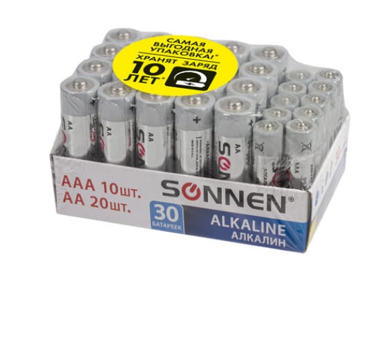 Батарейки SONNEN, КОМПЛЕКТ 30 шт, Alkaline, AA+ААА LR6+LR03, в коробке 455097 1