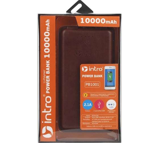 Портативное зарядное устройство Intro PB1001 USB Power Bank 10 000 mAh, brown leather Б0033143