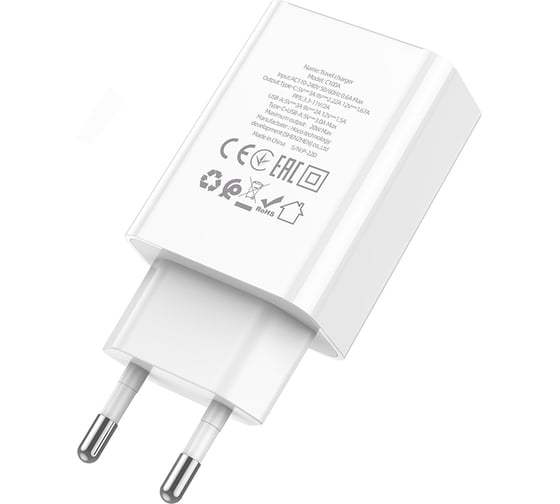 Зарядное устройство Hoco с дисплеем 18Вт, 3А, QC3.0/PD, 1хUSB, 1хType-C, C100A, белый, коробка, 6931474769800