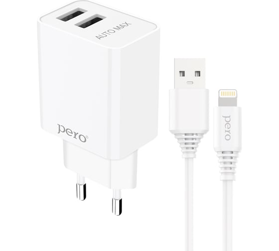Сетевое зарядное устройство PERO TC02 2USB 2.1A c кабелем Lightning в комплекте, белый ТС02W2AL