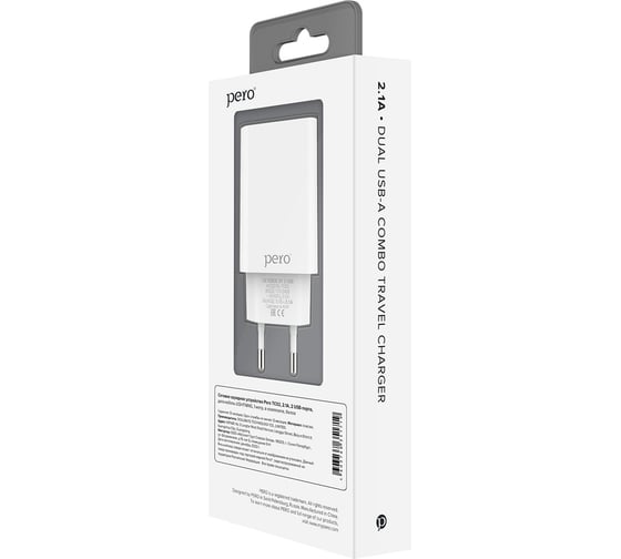 Сетевое зарядное устройство PERO TC02 2USB 2.1A c кабелем Lightning в комплекте, белый ТС02W2AL