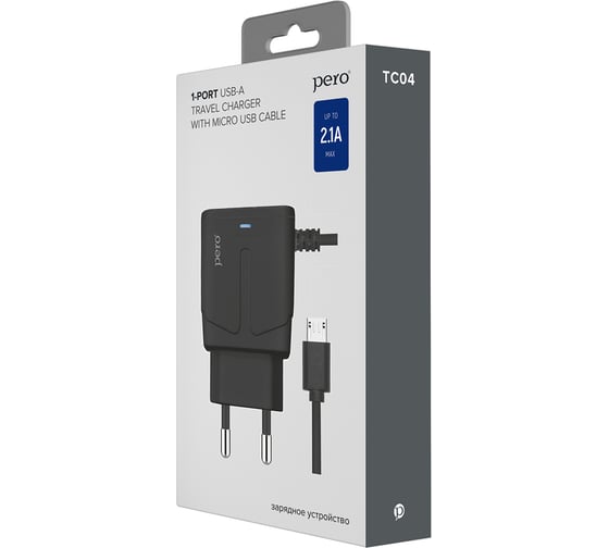 Сетевое зарядное устройство PERO TC04 1USB 2.1A + MICRO-USB CABLE черный ТС04B2AMU