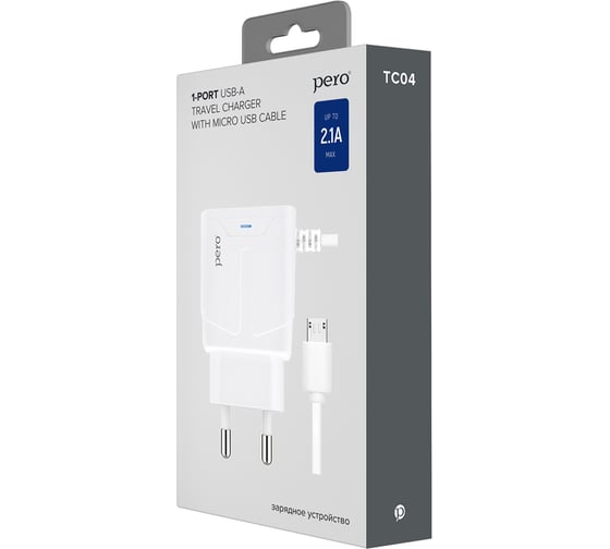 Сетевое зарядное устройство PERO TC04 1USB 2.1A + MICRO-USB CABLE белый ТС04W2AMU