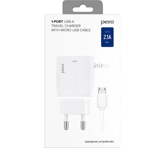 Сетевое зарядное устройство PERO TC04 1USB 2.1A + MICRO-USB CABLE белый ТС04W2AMU