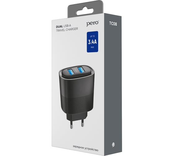 Сетевое зарядное устройство PERO TC08 AUTO MAX 2USB 3.4А черный ТС08BL