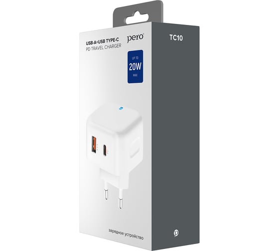 Сетевое зарядное устройство PERO TC10 USB-C 20W + USB-A Fast Charge белый ТС10WHPD