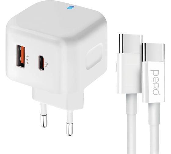 Сетевое зарядное устройство PERO TC10 USB-C + USB-A c кабелем C to C в комплекте, 20W, белый ТС10CCWH