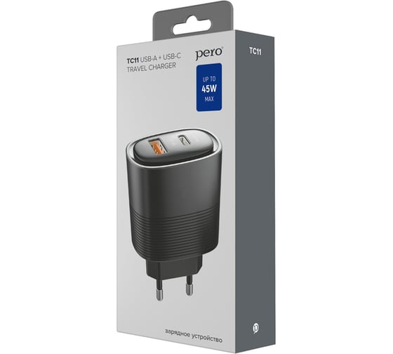 Сетевое зарядное устройство PERO TC11 USB-A QC3.0 + USB-C PD, 45W черный ТС11BL