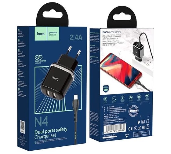 Сетевое зарядное устройство Hoco N4, 2хUSB-А, 2.4А + кабель AM-Type-C, 1 м, черный 23753-N4TBK