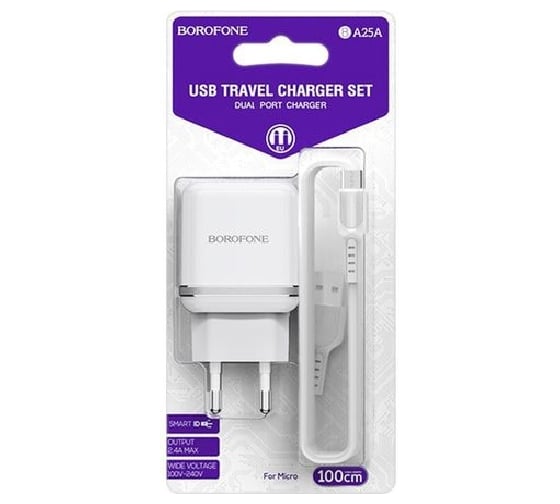 Сетевое зарядное устройство Borofone BA25A, 2хUSB-А, 2.4А + кабель microBM, 1 м, белый 23752-BA25AWM