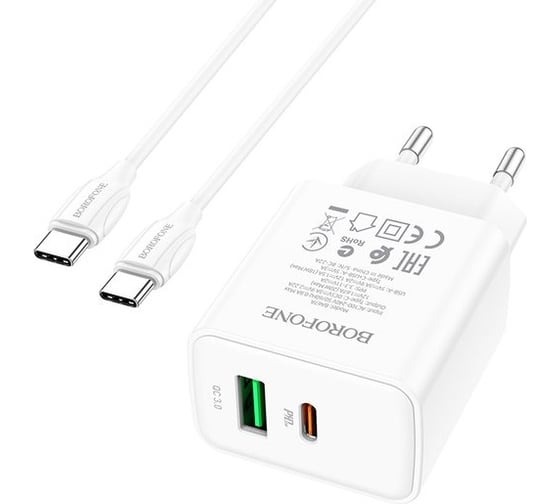 Сетевое зарядное устройство Borofone BA67A, PD+QC3.0, 1хUSB-C/1хUSB-А, 3А + кабель Type-C-Type-C 1 м, белый 23752-BA67AttW