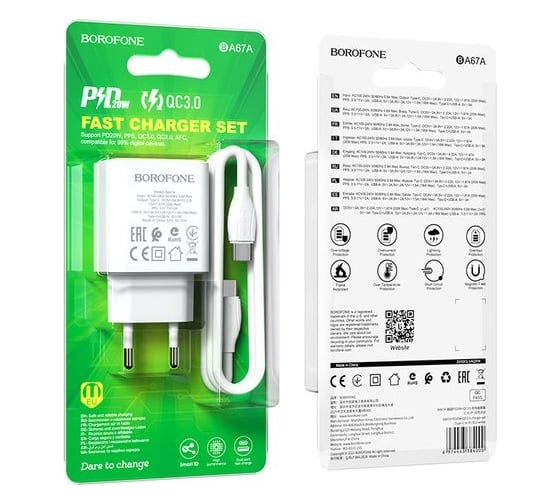 Сетевое зарядное устройство Borofone BA67A, PD+QC3.0, 1хUSB-C/1хUSB-А, 3А + кабель Type-C-Type-C 1 м, белый 23752-BA67AttW