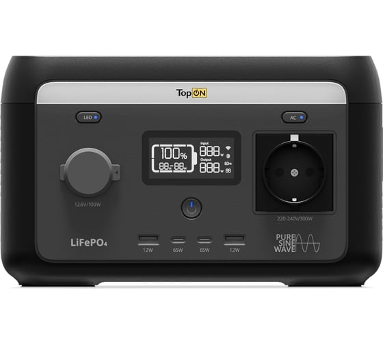 Портативная электростанция TopOn LFP 300 Вт, розетка 220 В, авторозетка 12.6 В, 2 Type-C, 2 USB, фонарь, EPS, Wi-Fi Bluetooth TOP-H300