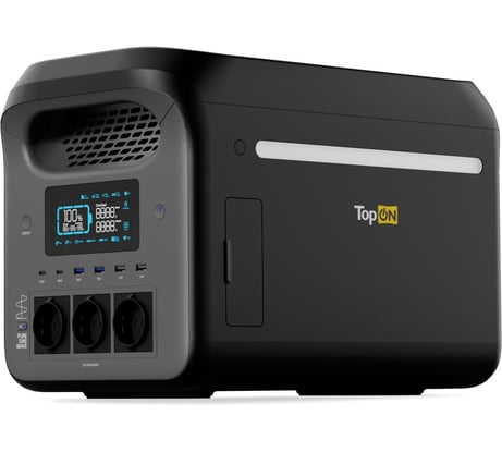 Портативная электростанция TopOn LFP 1800 Вт, 3 розетки 220 В, DC и авторозетка 12.6 В, 2 Type-C 100 Вт, 4 USB, фонарь, EPS, Wi-Fi Bluetooth TOP-H1800