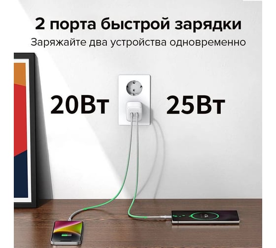Зарядное устройство CD294 (15327) Nexode Mini 45W USB-C+USB-C PD GaN Fast Charger EU. Цвет: белый Ugreen 15327_