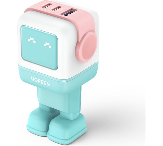 Сетевое зарядное устройство Ugreen CD361 (35855) UNO RG 65W USB-A+2 USB-C Robot GaN Tech Fast Charger EU в виде робота. цвет розово-голубой 35855_