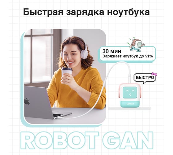 Сетевое зарядное устройство Ugreen CD361 (35855) UNO RG 65W USB-A+2 USB-C Robot GaN Tech Fast Charger EU в виде робота. цвет розово-голубой 35855_