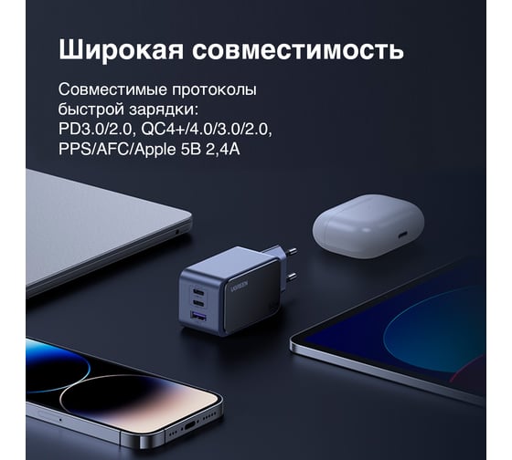 Сетевое зарядное устройство Ugreen X553 Nexode S 65W USB-A+2 USB-C GaN Tech Fast Charger EU. цвет серый 35042_