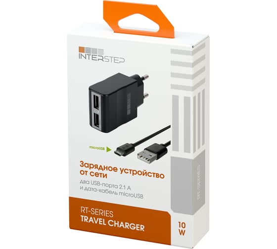 Зарядное устройство от сети Interstep Комбо RT:2USB + кабель microUSB 2А, B201, 30708