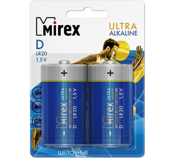 Батарея Mirex, щелочная LR20 / D 1,5V 2 шт ecopack 23702-LR20-E2