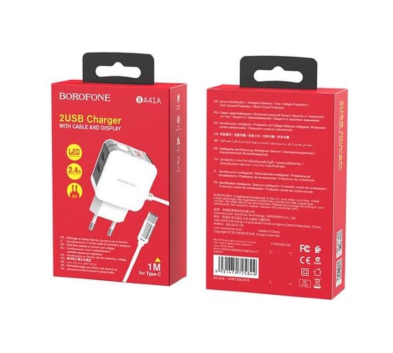 Сетевое ЗУ BOROFONE 2хUSB-А, 2.4А + кабель AM-Type-C, 1 м, белый 23752-BA41AWT