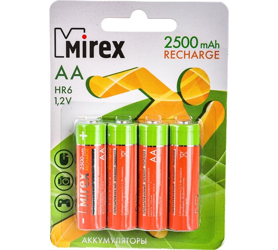 Аккумулятор Mirex, Ni-MH HR6 / AA 2500mAh 1,2V 4 шт ecopack 23702-HR6-25-E4 17274252