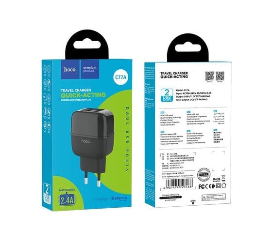 Сетевое ЗУ HOCO, C77A, 2хUSB-А, 2.4A, черный 23753-C77ABK