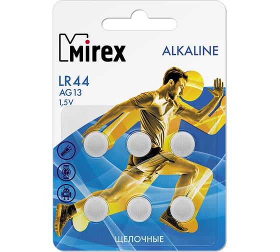 Батарея Mirex, щелочная AG13 / LR44 1,5V 6 шт ecopack 23702-LR44-E6 1