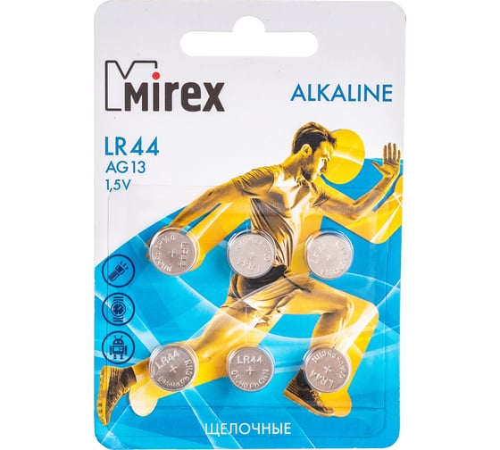 Батарея Mirex, щелочная AG13 / LR44 1,5V 6 шт ecopack 23702-LR44-E6