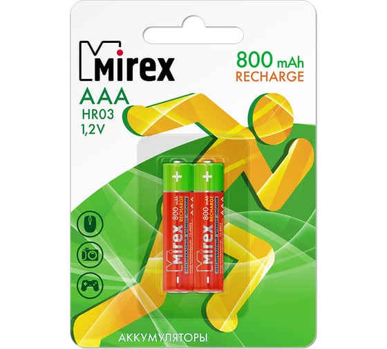 Аккумулятор Mirex, Ni-MH HR03 / AAA 800mAh 1,2V 2 шт ecopack 23702-HR03-08-E2