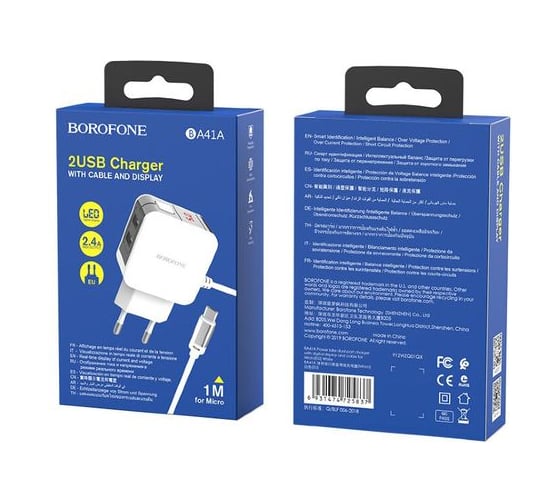 Сетевое ЗУ BOROFONE 2хUSB-А, 2.4А + кабель AM-microBM, 1 м, белый 23752-BA41AWM