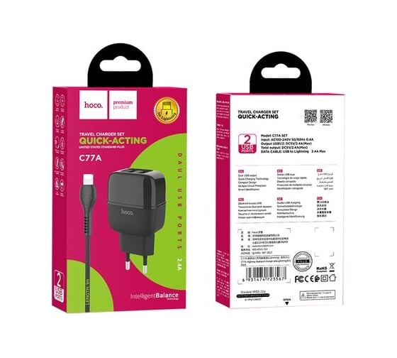 Сетевое ЗУ HOCO, 2хUSB-А, 2.4A + кабель AM-8pin Lightning 1 м, черный 23753-C77AIBK