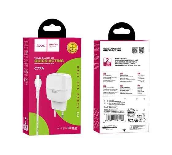 Сетевое ЗУ HOCO, 2хUSB-А, 2.4A + кабель AM-microBM 1 м, белый 23753-C77AMW