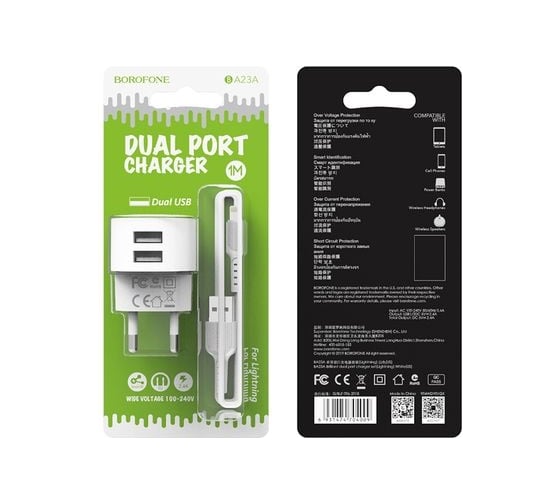 Сетевое ЗУ BOROFONE 2хUSB-А, 2.4А + кабель AM-8pin Lightning 1 м, белый, 23752-BA23AWI