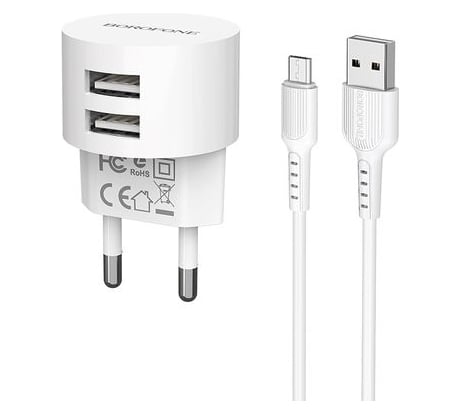 Сетевое ЗУ BOROFONE 2хUSB-А, 2.4А + кабель AM-microBM 1 м, белый, 23752-BA23AWM