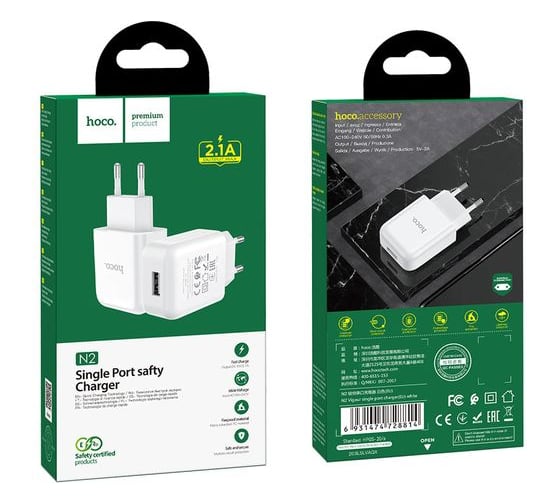 Сетевое ЗУ HOCO N2, 1хUSB-А, 2А, белый 23753-N2W