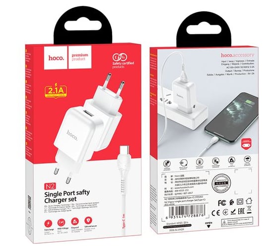 Сетевое ЗУ HOCO N2, 1хUSB-А, 2А + кабель AM-Type-C, 1 м, белый 23753-N2TW