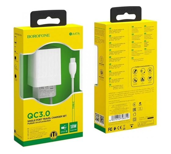 Сетевое ЗУ BOROFONE QC3.0, 1хUSB-А, 3А + кабель AM-microBM 1 м, белый 23752-BA47AWM