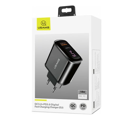СЗУ USAMS Модель - US-CC085 T23 USB QC3.0+PD3.0 18W Digital Display Fast Charger УТ000021890