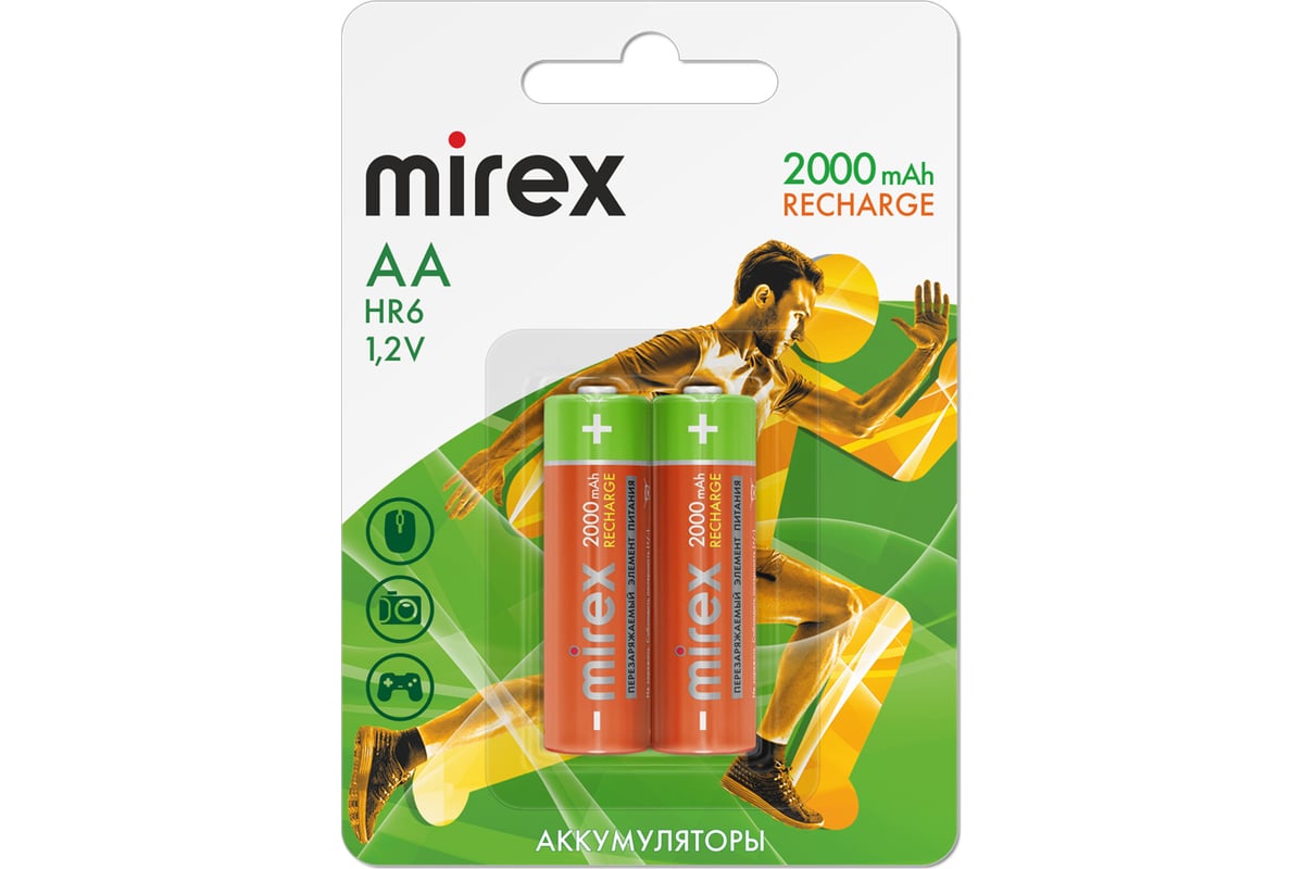 Аккумулятор Mirex, Ni-MH HR6 / AA 2000mAh 1,2V 2 шт ecopack 23702-HR6-20-E2  - выгодная цена, отзывы, характеристики, фото - купить в Москве и РФ