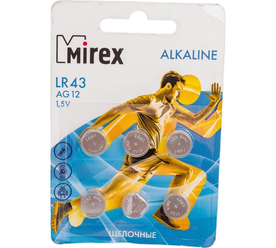 Батарея Mirex, щелочная AG12 / LR43 1,5V 6 шт ecopack 23702-LR43-E6 1