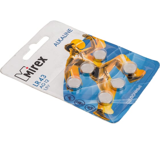 Батарея Mirex, щелочная AG12 / LR43 1,5V 6 шт ecopack 23702-LR43-E6