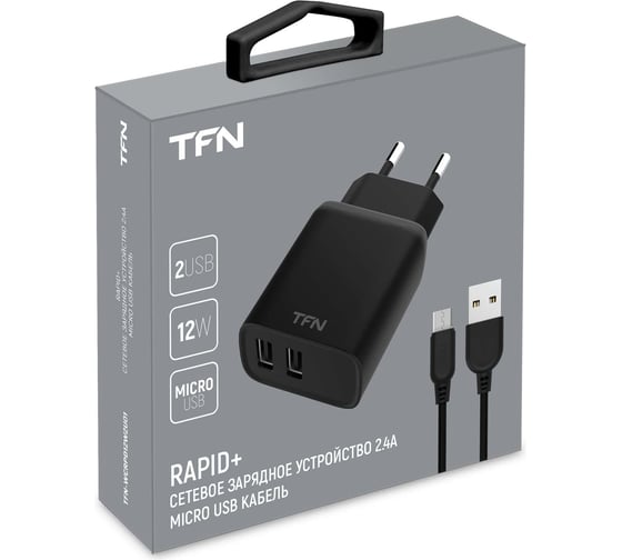 Сетевое зарядное устройство TFN 2 USB RAPID 2.4A + кабель microUSB, черное TFN-WCRPD12W2U01