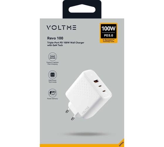 СЗУ VOLTME Revo 100CCA V1 USB-C+USB-С+USB-A, GaN, 100W, PD3.0, QC4.0+, белый V2026V1