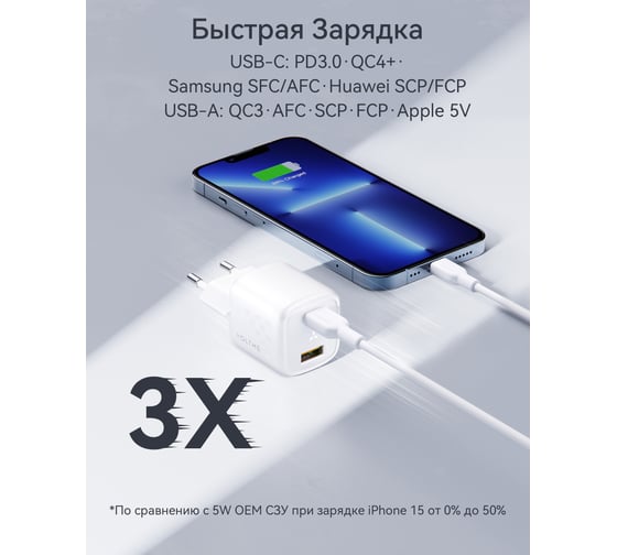 СЗУ VOLTME Revo 30CA Duo USB-C+USB-A, GaN, 30W, PD3.0, QC4.0+, белый V1099