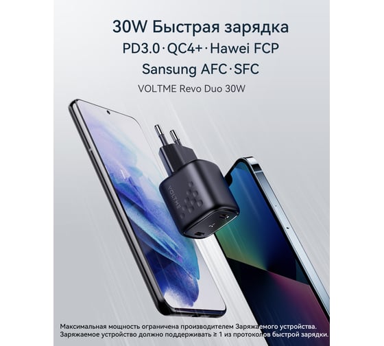 СЗУ VOLTME Revo 30CC Duo USB-C+USB-С, GaN, 30W, PD3.0, QC4.0+, черный V2013