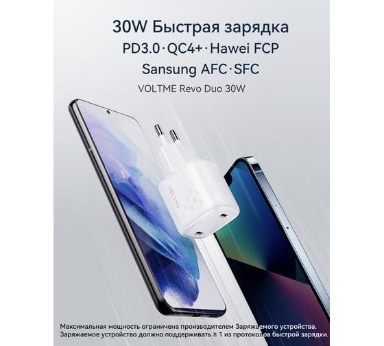 СЗУ VOLTME Revo 30CC Duo USB-C+USB-С, GaN, 30W, PD3.0, QC4.0+, белый V2014