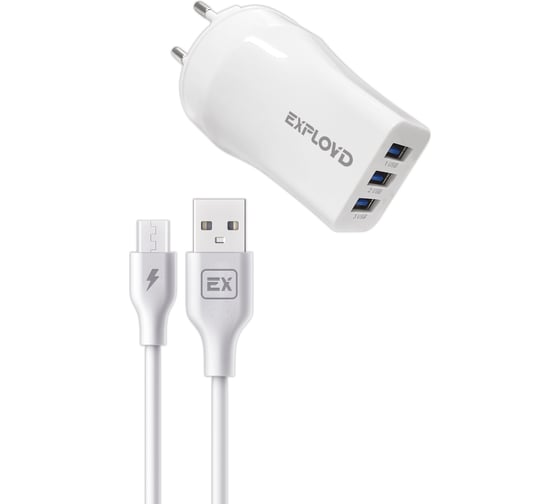 Сетевое зарядное устройство Exployd 3 USB кабель MicroUSB белый EX-Z-981 1
