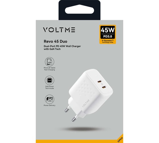 СЗУ VOLTME Revo 45CC Duo USB-C+USB-С, GaN, 45W, PD3.0, QC4.0+, белый V2112