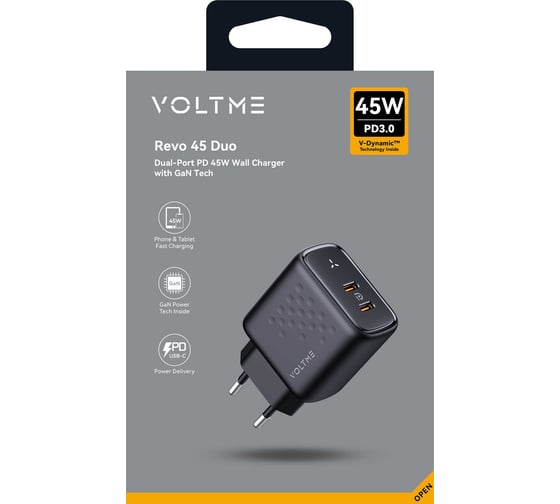 СЗУ VOLTME Revo 45CC Duo USB-C+USB-С, GaN, 45W, PD3.0, QC4.0+, черный V2111